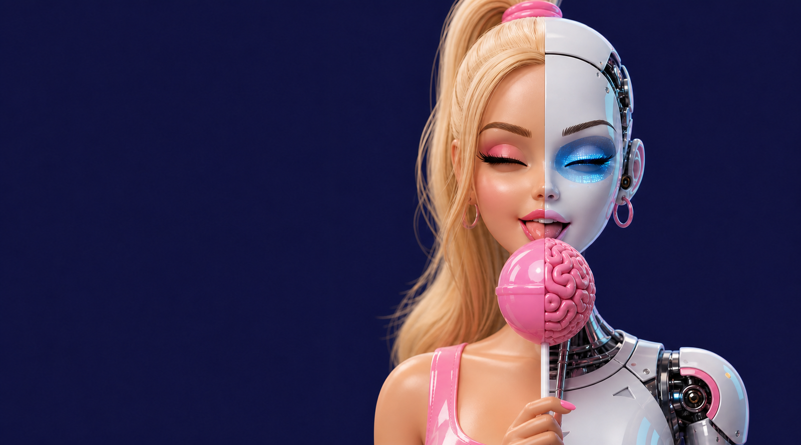 Split human and robot doll holding a brain lollipop